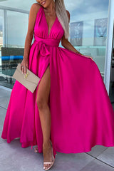 Amsoin One Dress Three Ways Tie Waist High Slit Maxi Party Dress