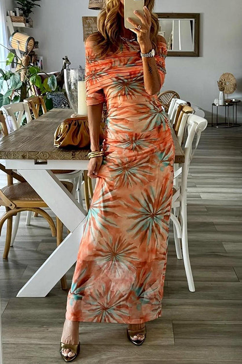 Amsoin Off Shoulder Long Sleeves Printed Bodycon Maxi Dress