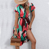 Women's SpringSummer Vacation Style Color Block Series Belt Short Sleeve Dress