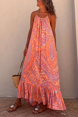 AmsoinHalter Backless Printed Maxi Ruffle Swing Dress