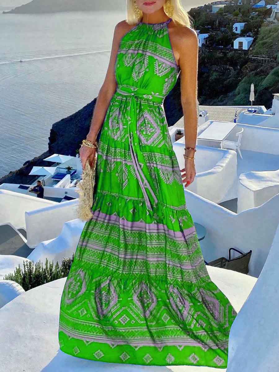 Amsoin Printed Halter Neck Mid-waist Long Dress