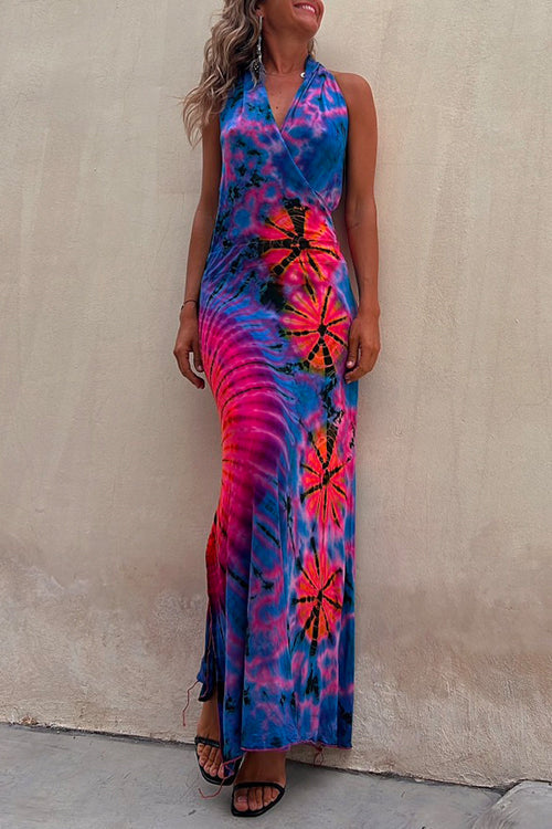 Amsoin Cross V Neck Sleeveless Tie Dye Maxi Holiday Dress