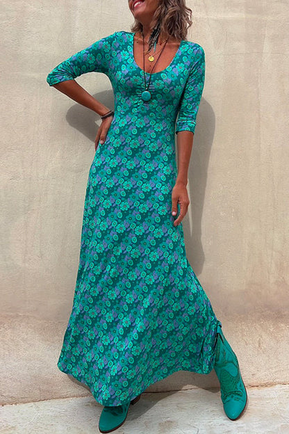 Amsoin Scoop Neck 3/4 Sleeve Maxi Floral Dress