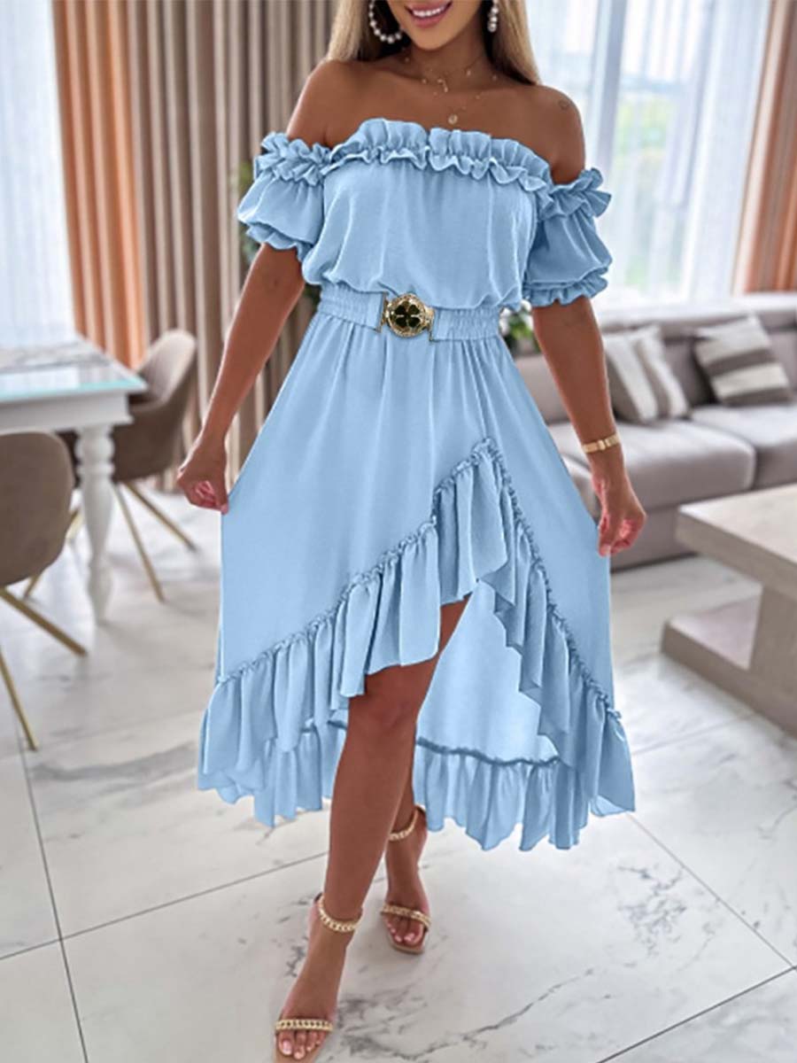 Amsoin Ruffle Frill Hem Asymmetrical Maxi Dress