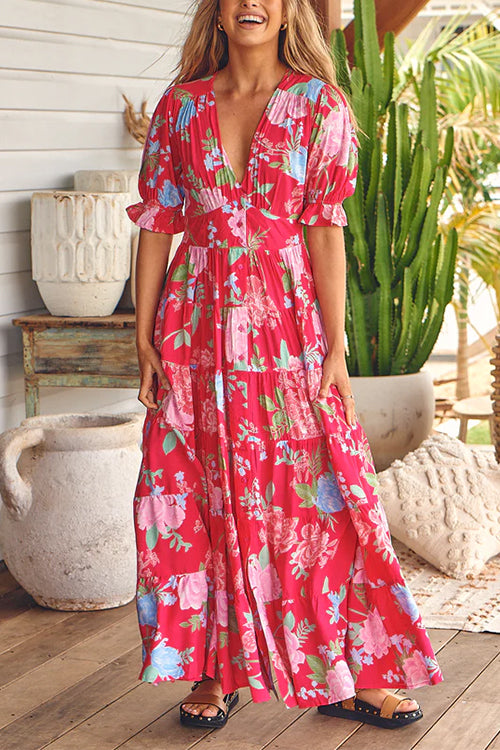 Amsoin V Neck Button Up Floral Print Flowy Maxi Dress