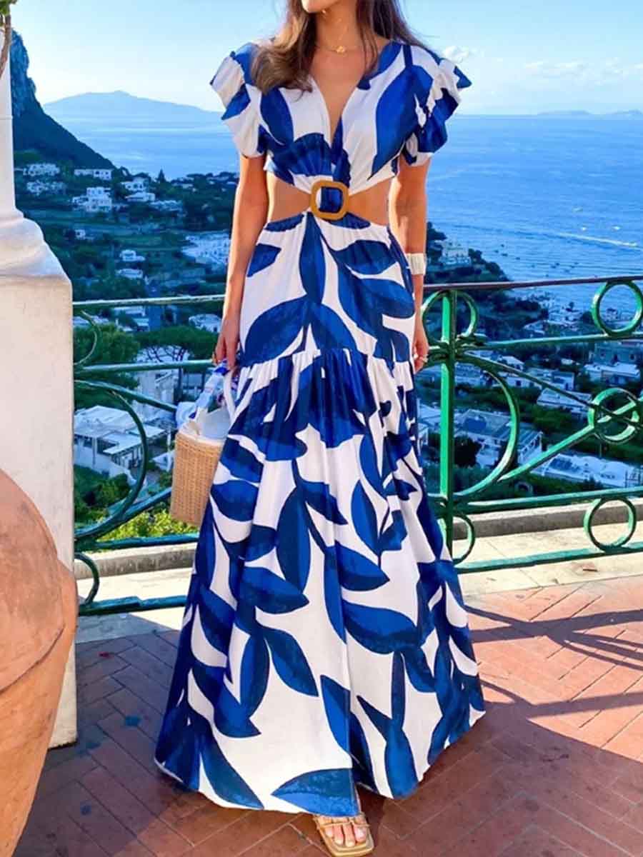 Amsoin Printed V-neck Puff Sleeve Long Sexy Waistless Dress