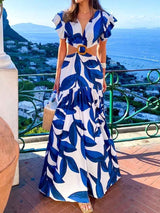 Amsoin Printed V-neck Puff Sleeve Long Sexy Waistless Dress