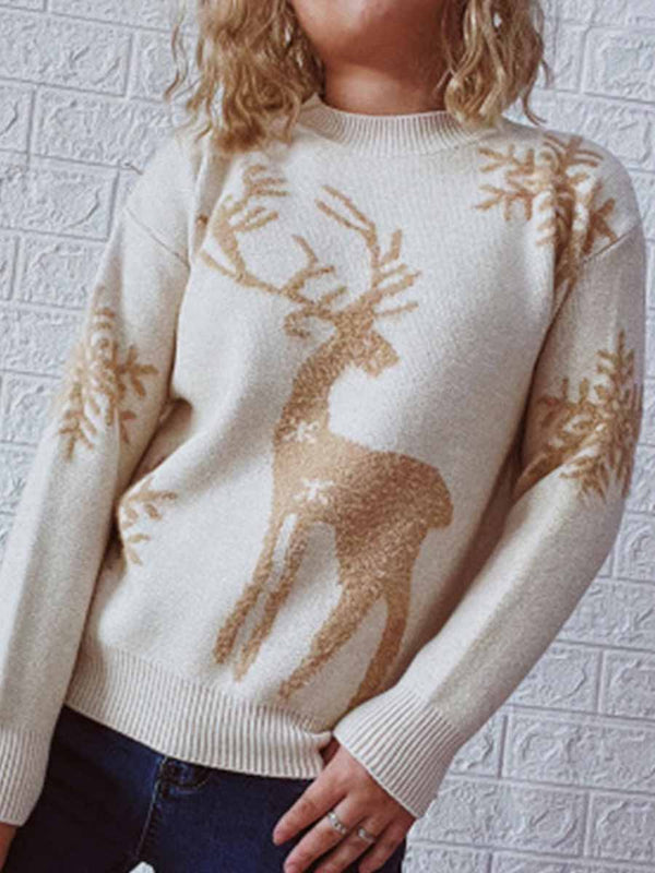 Round Neck Long Sleeve Christmas Sweater Snowflake Deer Jacquard Sweater