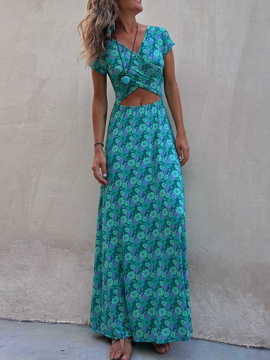 Amsoin Short-sleeved Reversible Long Hem Printed Dress