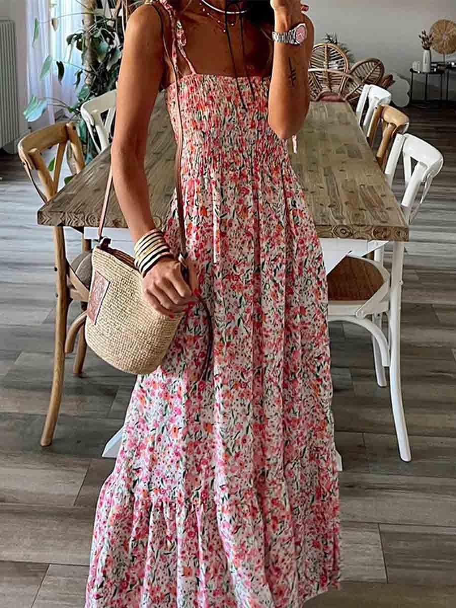 Amsoin Boho Floral Smocked Ruffled Maxi Dress