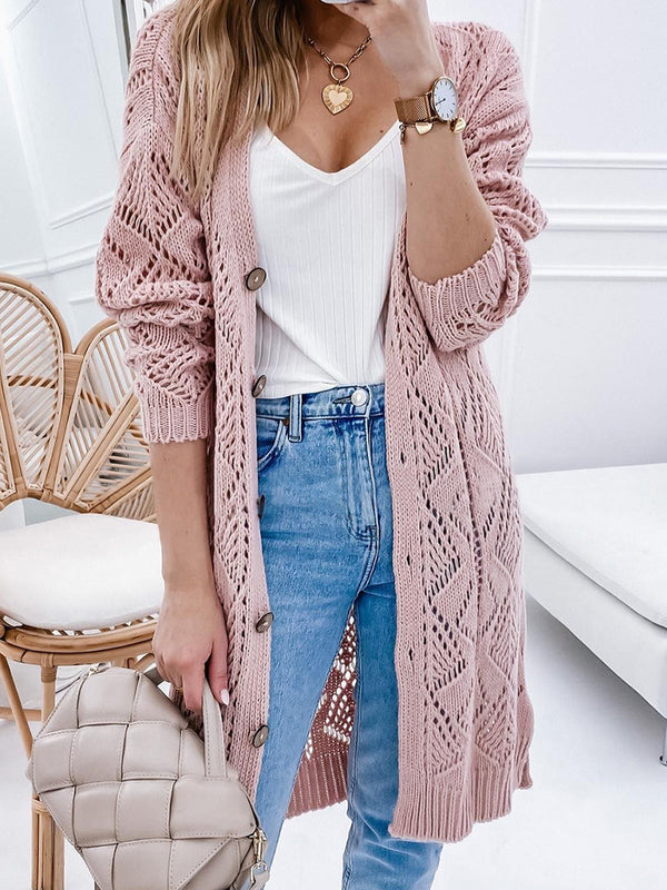 Solid Color Long-sleeved Sweater Women's Hollow-out Long Cardigan