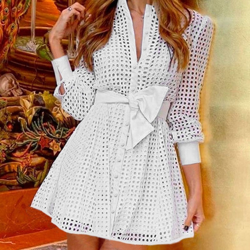 White Mesh Long Sleeve Fitted Waist Shirt Dress