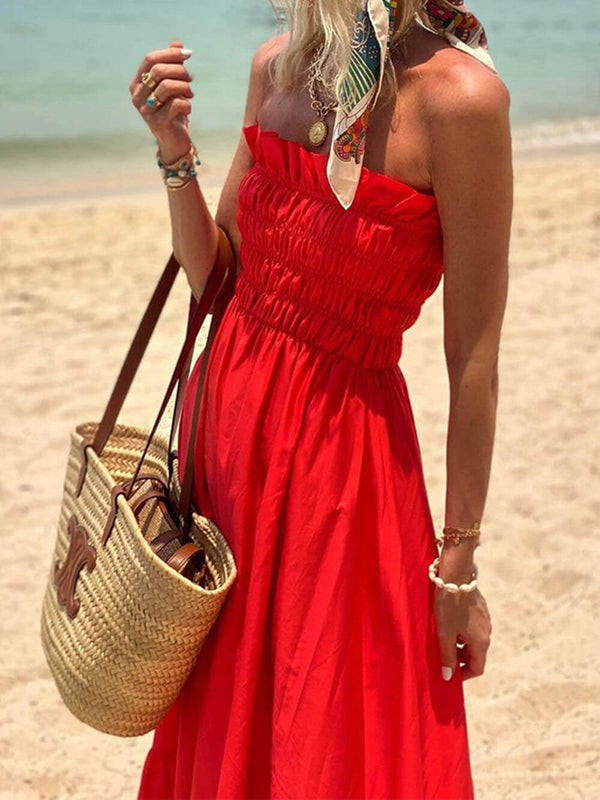 Amsoin Smocked Bust Off Shoulder Vacation Maxi Dress