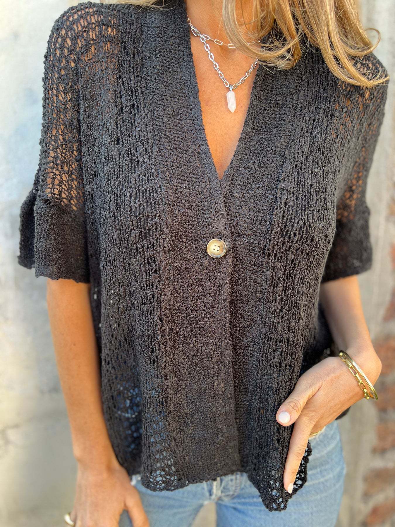 One Button Half Sleeve Hollow Out Knitted Cardigan Top