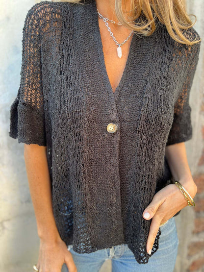 One Button Half Sleeve Hollow Out Knitted Cardigan Top