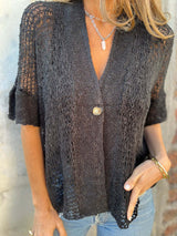One Button Half Sleeve Hollow Out Knitted Cardigan Top