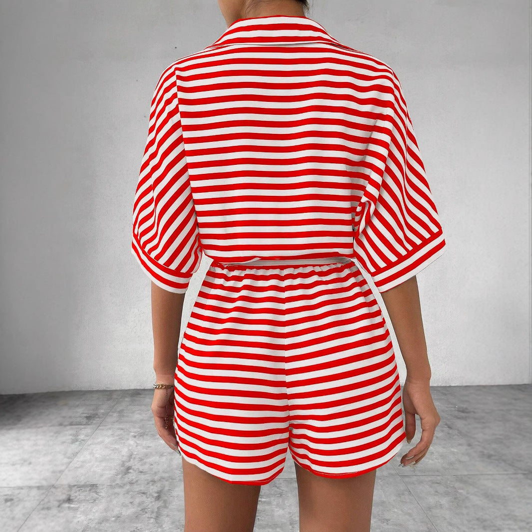 Striped Lapel Cardigan Button Half Sleeve Belt Shorts Suit Jumpsuit