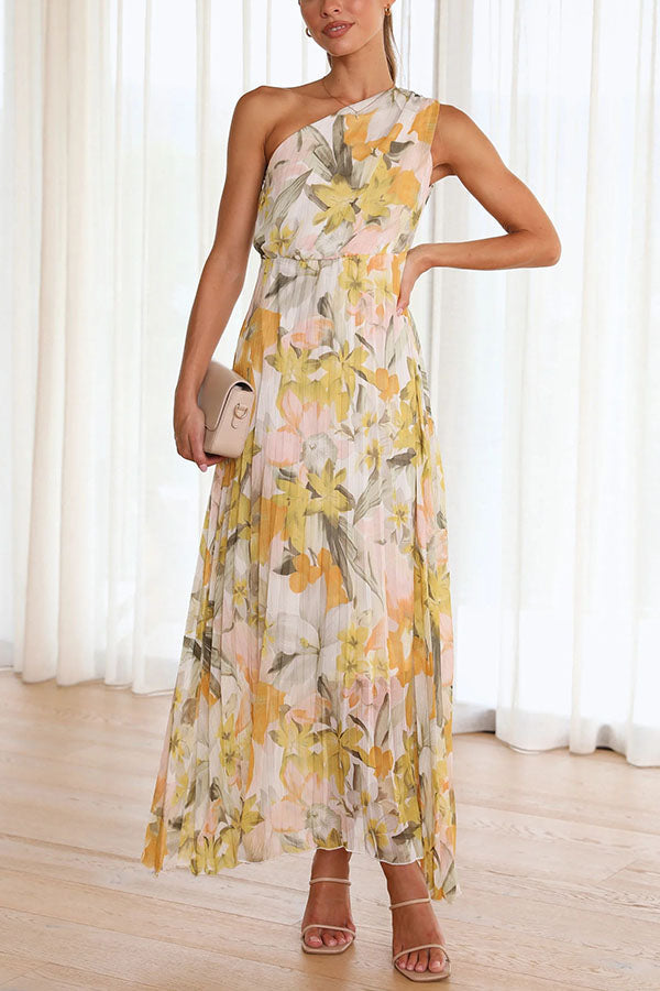 Amsoin Floral One Shoulder Elastic Waist Pleated Maxi Dress