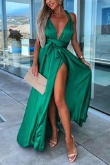Amsoin One Dress Three Ways Tie Waist High Slit Maxi Party Dress