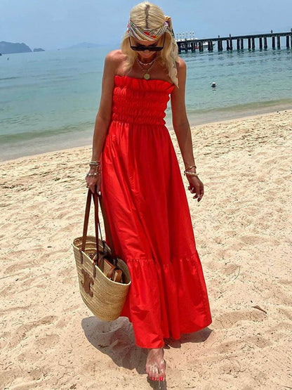 Amsoin Smocked Bust Off Shoulder Vacation Maxi Dress