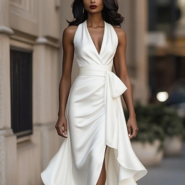 Elegant Deep V-neck Irregular Women's Ruffled Ruffled Evening Dress Gowns Solid Color Lace-up High Waist Satin Party Dresses Wedding Guests Dress