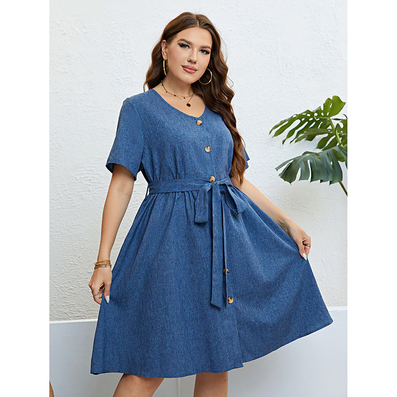 Summer Blue Denim Lace-up Waist-controlled Dress