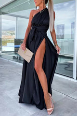 Amsoin One Dress Three Ways Tie Waist High Slit Maxi Party Dress