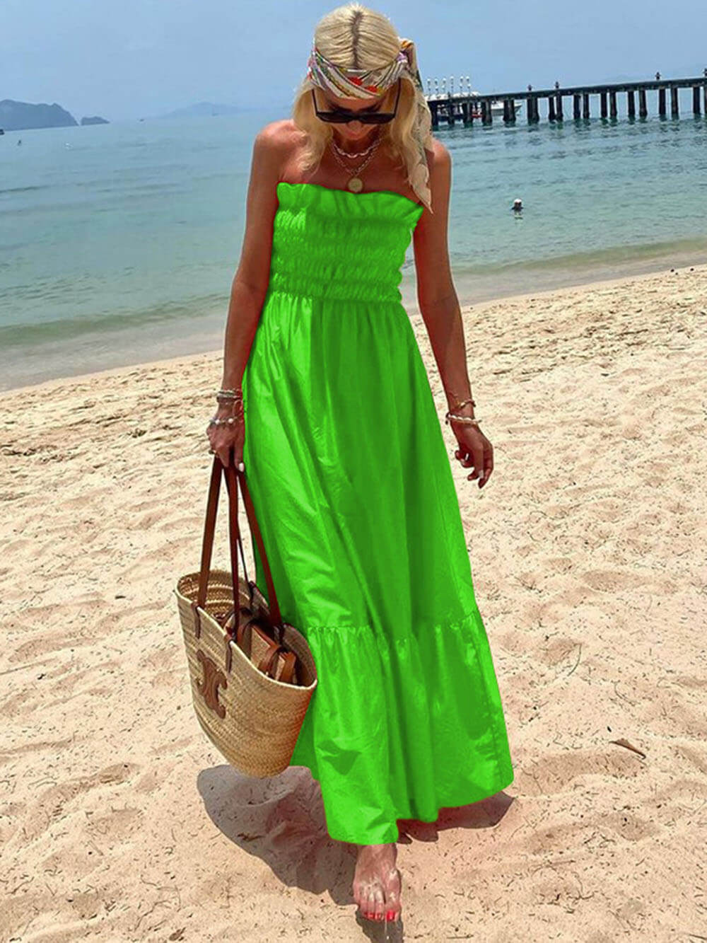 Amsoin Smocked Bust Off Shoulder Vacation Maxi Dress