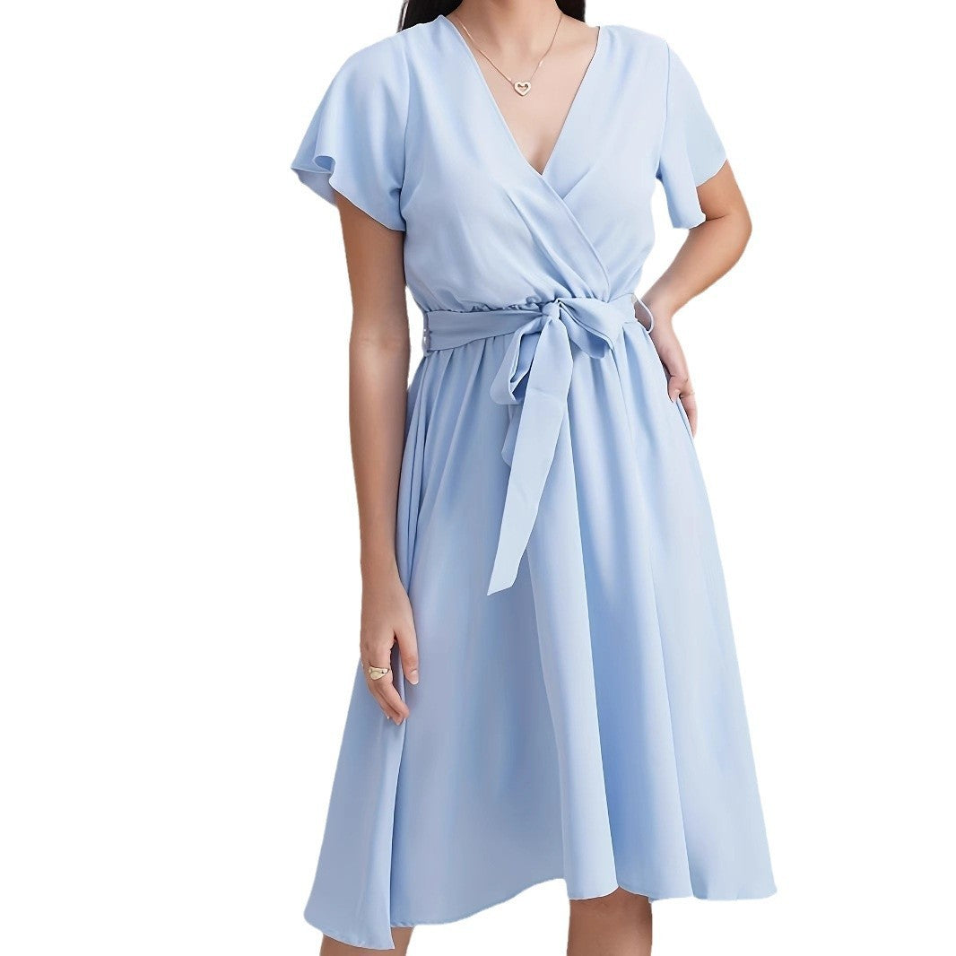 Short Sleeve Cross Collar Belt Solid Color Dress