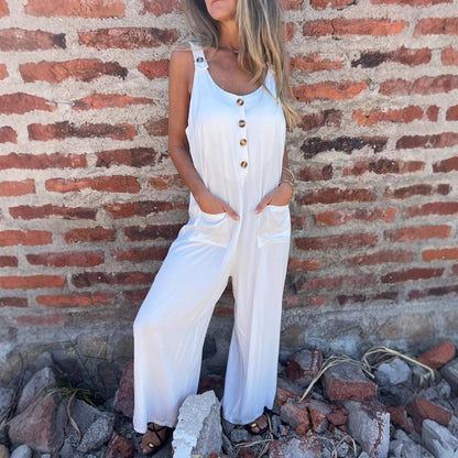 Women's Solid Color Buttons Slip Bag Strap Loose Casual Jumpsuit