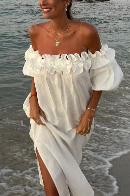 Amsoin Off Shoulder Ruffle Trim Slit Cotton Linen Maxi Vacation Dress