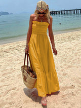 Amsoin Smocked Bust Off Shoulder Vacation Maxi Dress