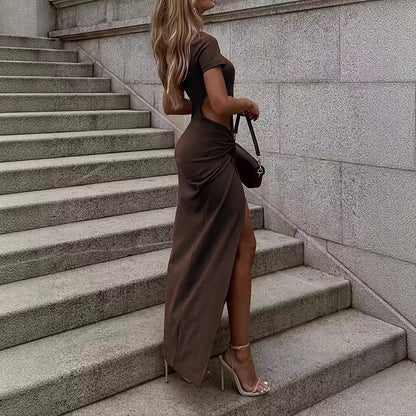 Cutout Backless Crew-neck Wrap Dress