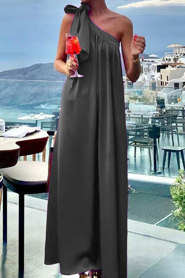 Amsoin One Shoulder Bow Detail Loose Maxi Dress