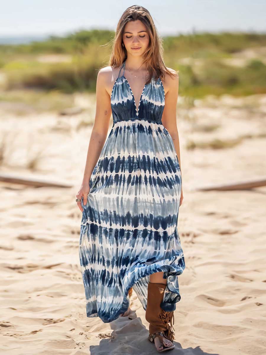 Amsoin Sexy Slim Tie Dye Strap Backless Printed Skirt Bohemian Beach Long Skirt