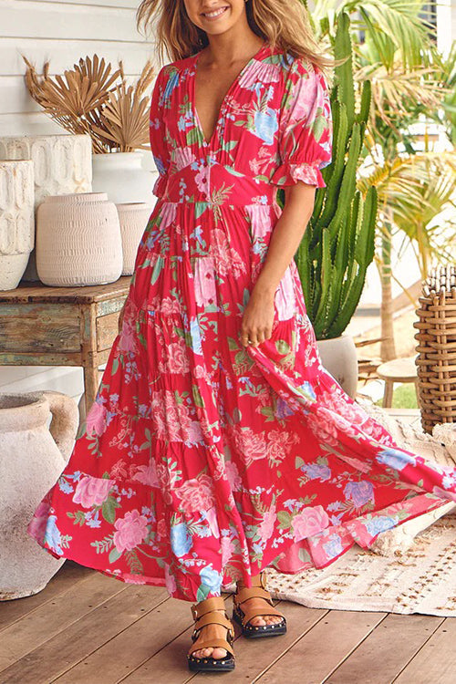 Amsoin V Neck Button Up Floral Print Flowy Maxi Dress