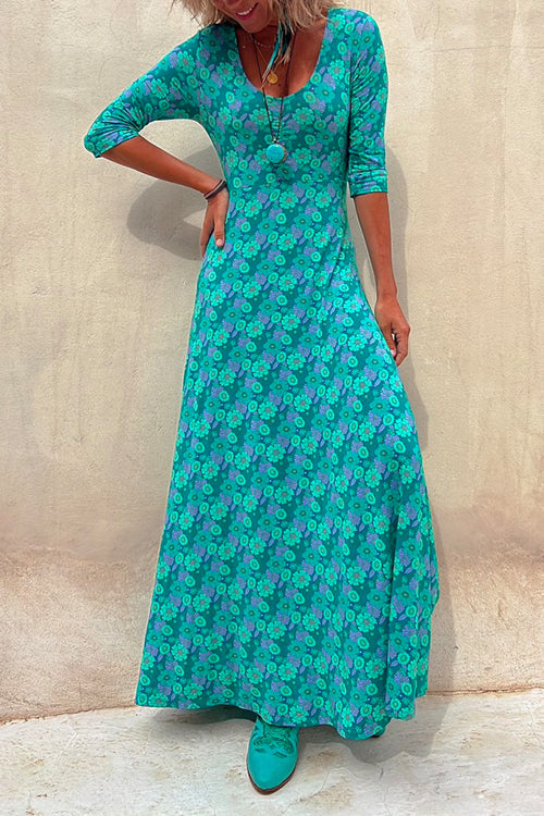 Amsoin Scoop Neck 3/4 Sleeve Maxi Floral Dress