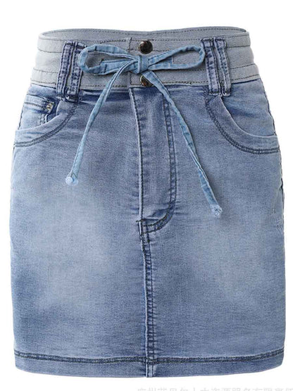Amsoin Contrast Binding Ripped Drawstring Denim Skorts