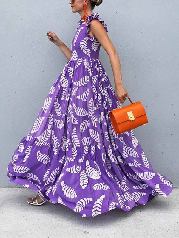 Violet Print Sleeveless Waist-controlled Large Hem Dress