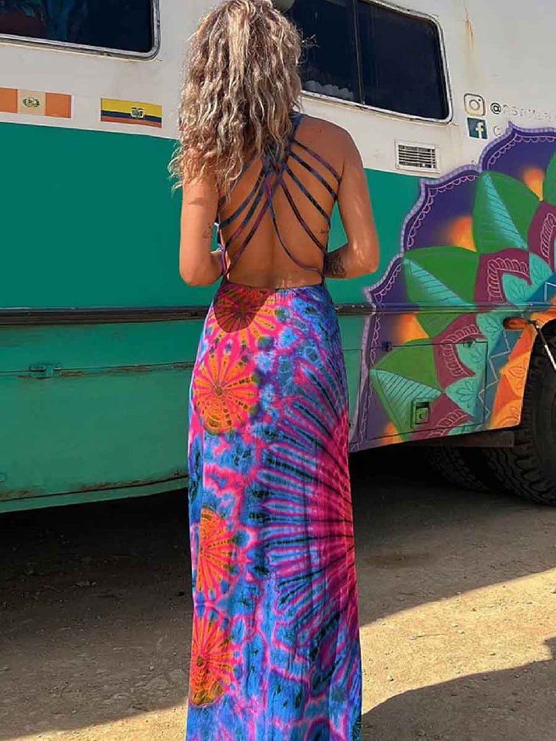 Amsoin Criss Cross Backless Tie Dye Maxi Cami Dress