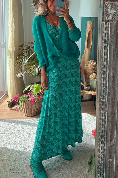 Amsoin Scoop Neck 3/4 Sleeve Maxi Floral Dress