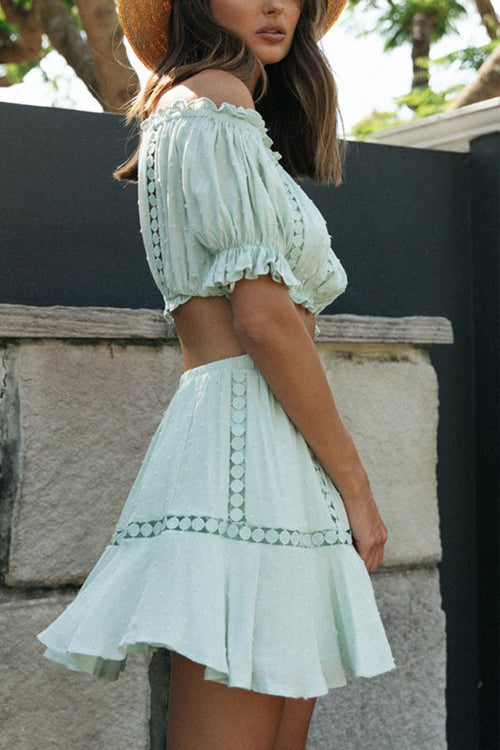 Lace Off the Shoulder Short Sleeve Suit - 2 Colors