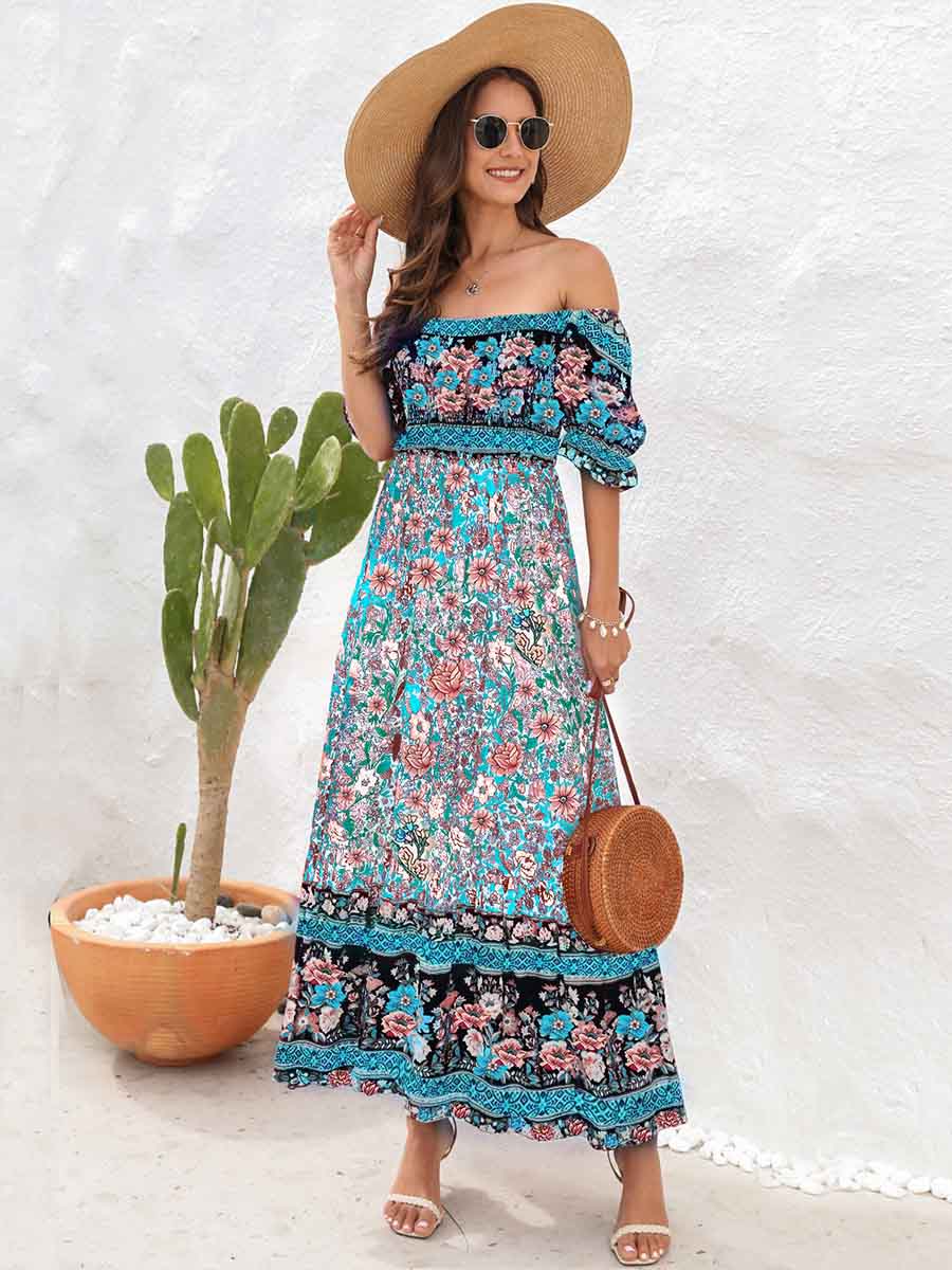 Amsoin Bohemian Beach Holiday Off-shoulder Puff Sleeve Dress