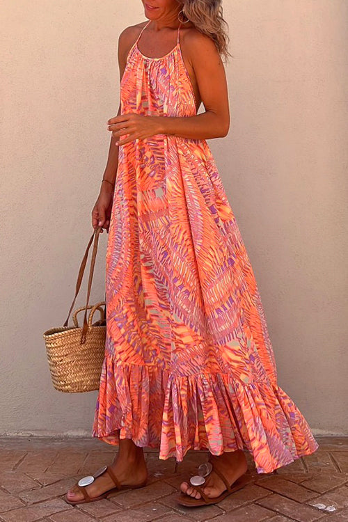 AmsoinHalter Backless Printed Maxi Ruffle Swing Dress