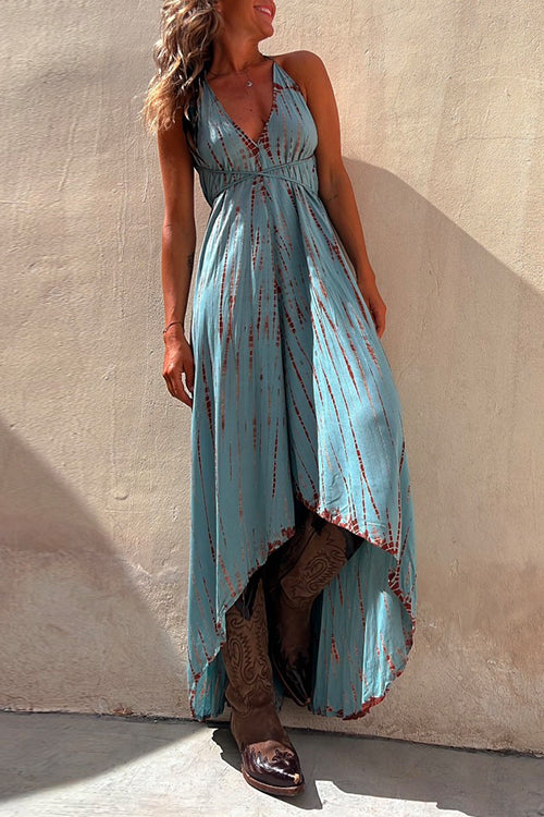 Amsoin V Neck High Low Hem Tie Dye Maxi Cami Dress