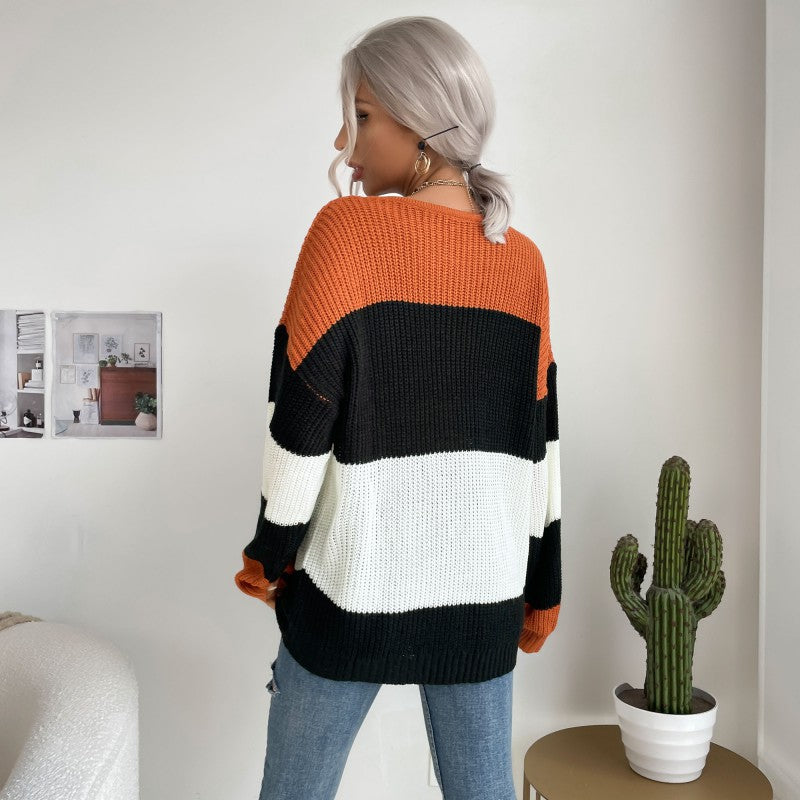 Autumn New Striped Contrast Color Knitwear Round Neck Loose Sweater