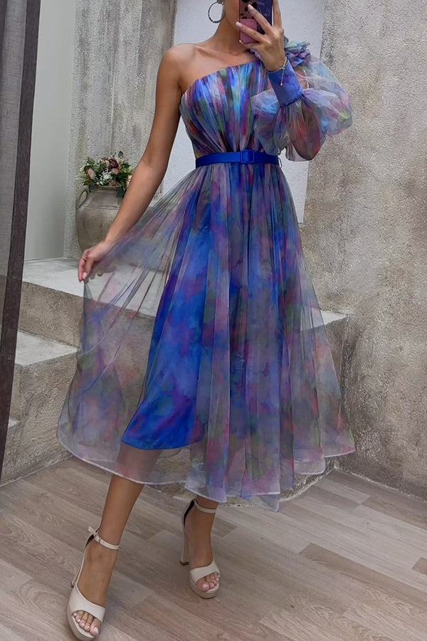 Amsoin Tulle Floral Pleated One Shoulder Sleeve Belt Swing Midi Dress