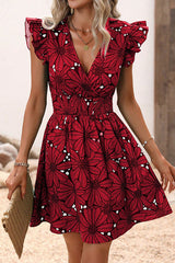 Amsoin Floral Print Ruffle Sleeve Elastic Waist Mini Dress