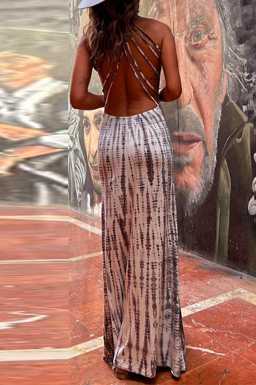 Amsoin Criss Cross Open Back Tie Dye Maxi Dress