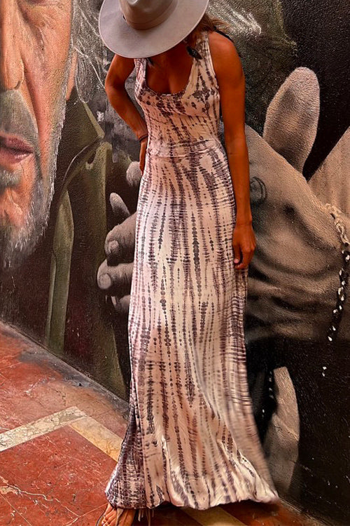 Amsoin Criss Cross Open Back Tie Dye Maxi Dress